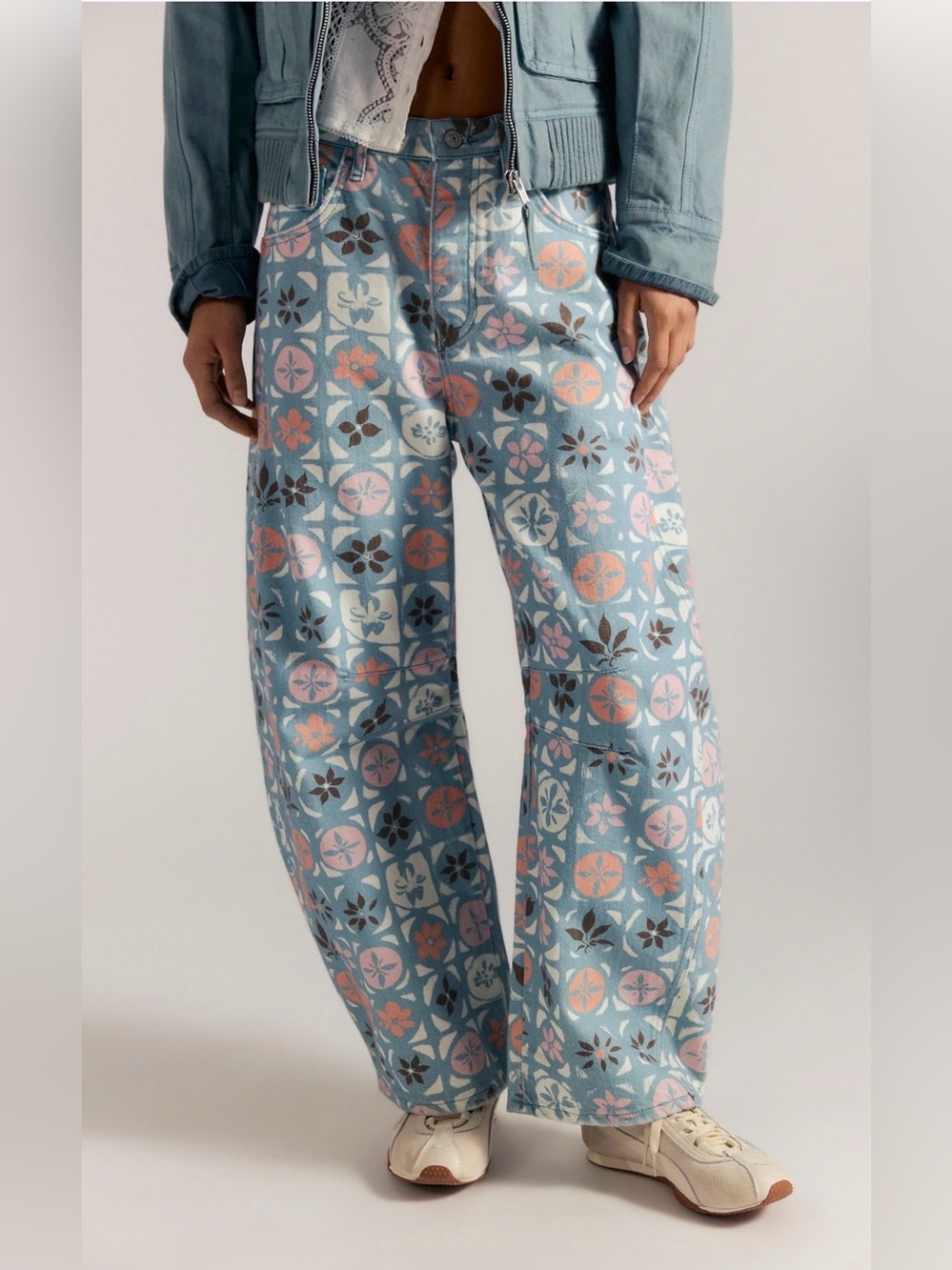 Free People Mid-Rise Printed Barrel Jeans